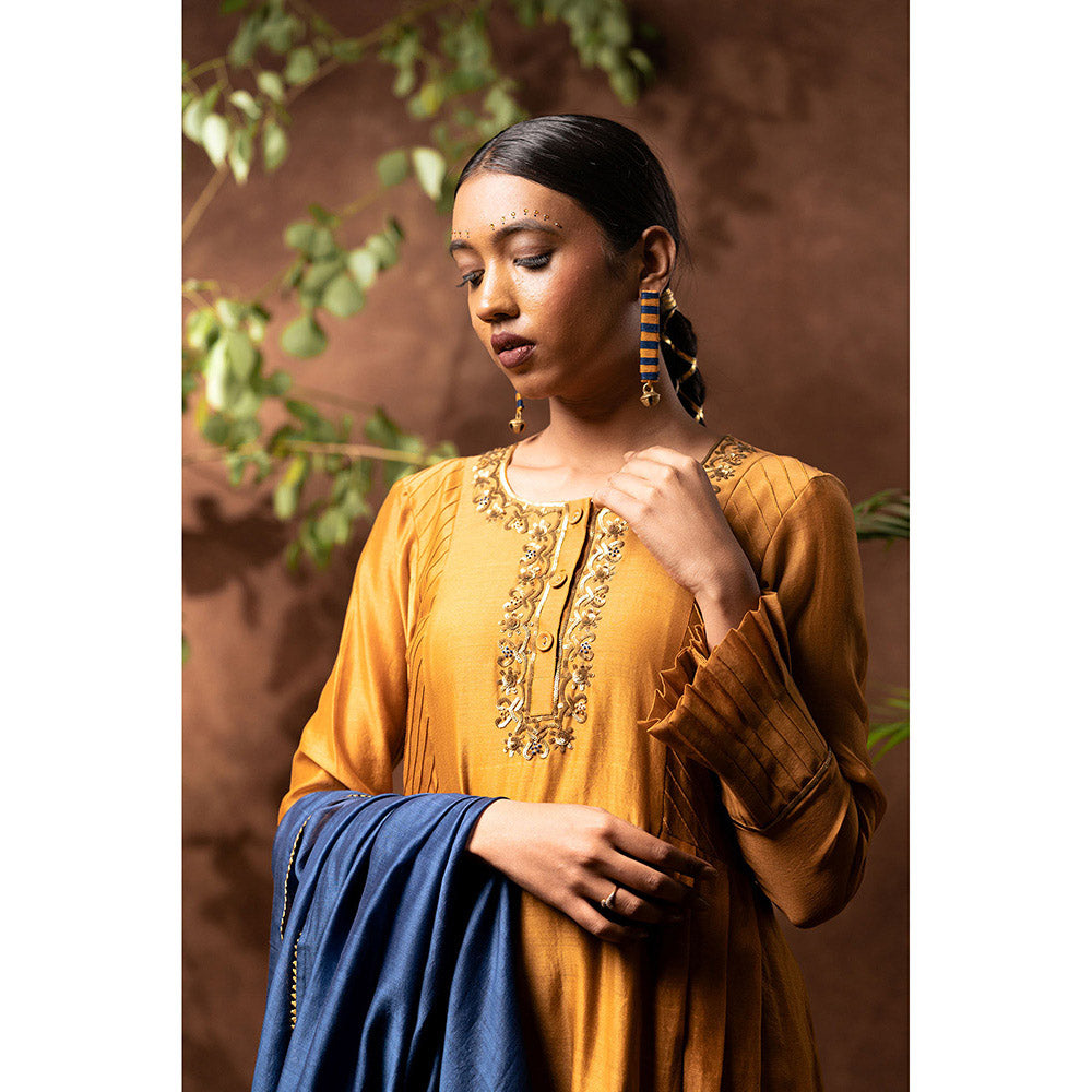 Taraasi Mustard Nawabi Embellished Anarkali Kurta with Pant & Dupatta (Set of 3)