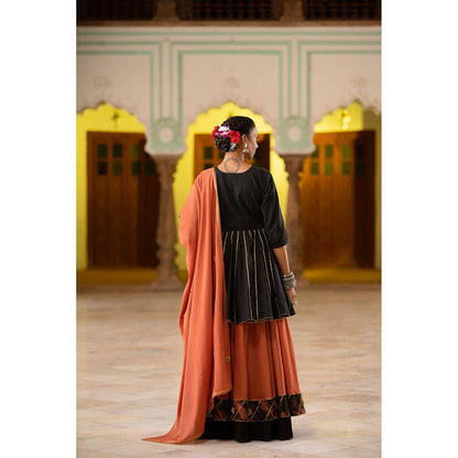 Taraasi Nakhrali Rust Mulmul Cotton Kalidar Kurti with Ghaghra & Dupatta (Set of 3)