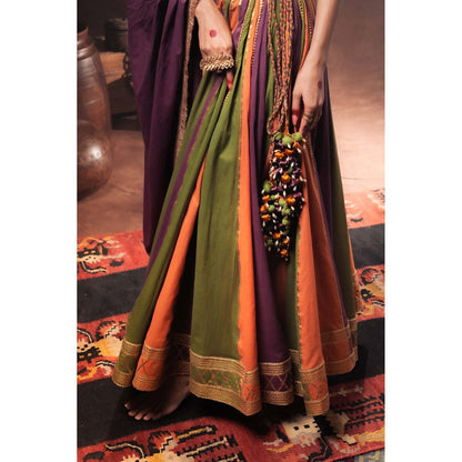 Taraasi Multicolor 'Rangoli' Mulmul Kalidar Lehenga with Blouse & Dupatta