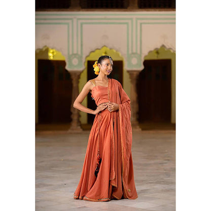 Taraasi Ulfat' Rust Mulmul Cotton Kalidar Ghaghra With Blouse And Dupatta