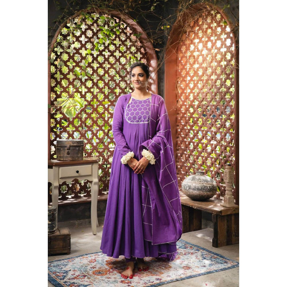 Taraasi Women Purple Cotton Embroidered Anarkali Kurta with Pant and Dupatta