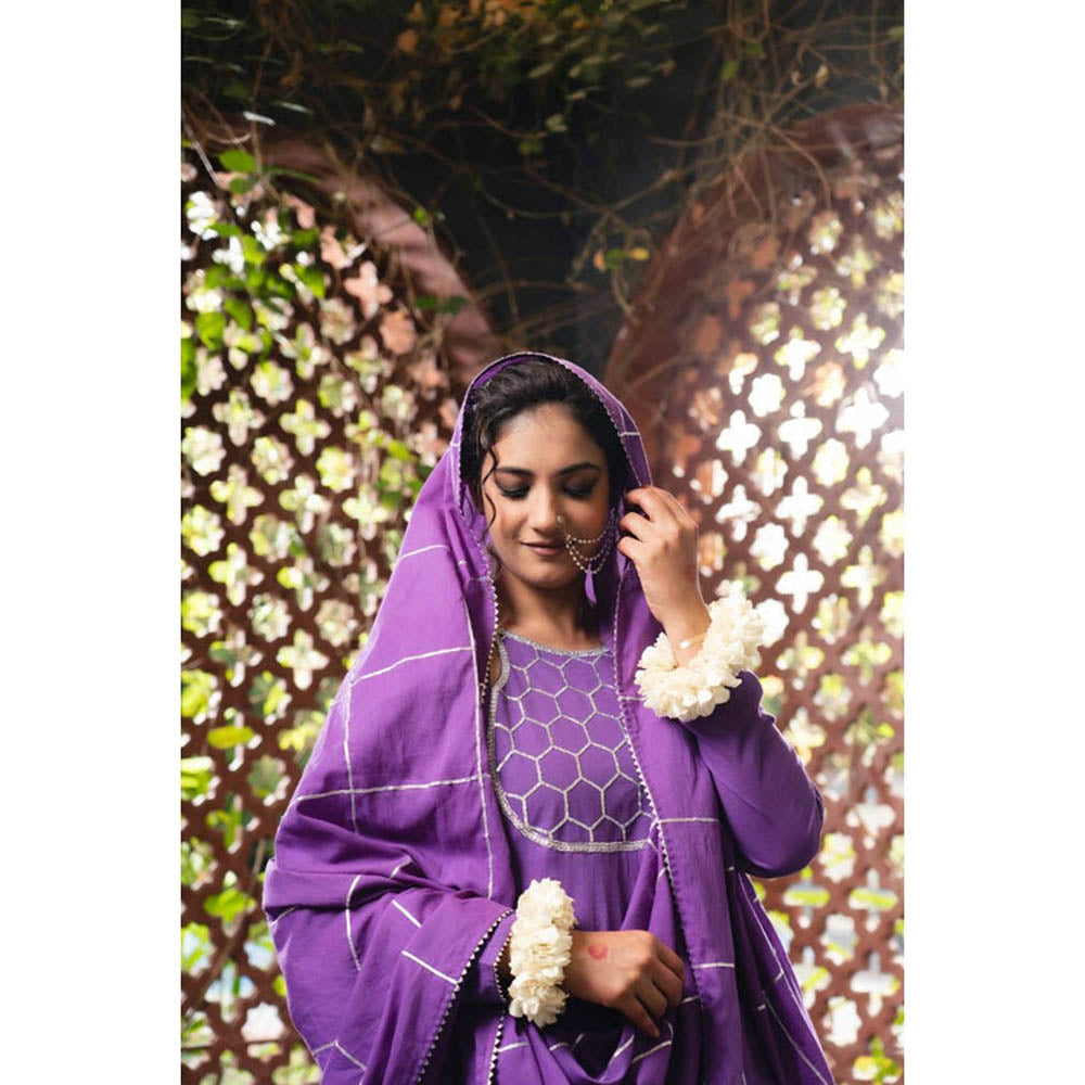 Taraasi Women Purple Cotton Embroidered Anarkali Kurta with Pant and Dupatta