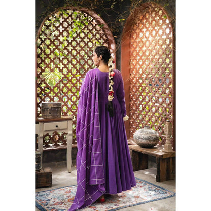 Taraasi Women Purple Cotton Embroidered Anarkali Kurta with Pant and Dupatta