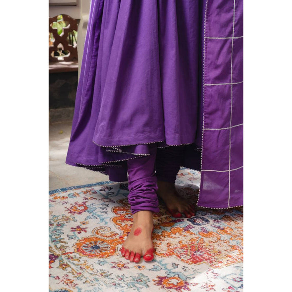 Taraasi Women Purple Cotton Embroidered Anarkali Kurta with Pant and Dupatta