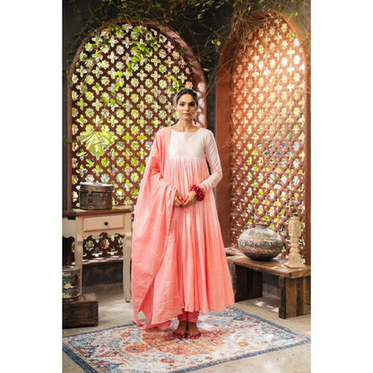 Taraasi Women Pink Cotton Colorblock Anarkali with Churidar and Dupatta