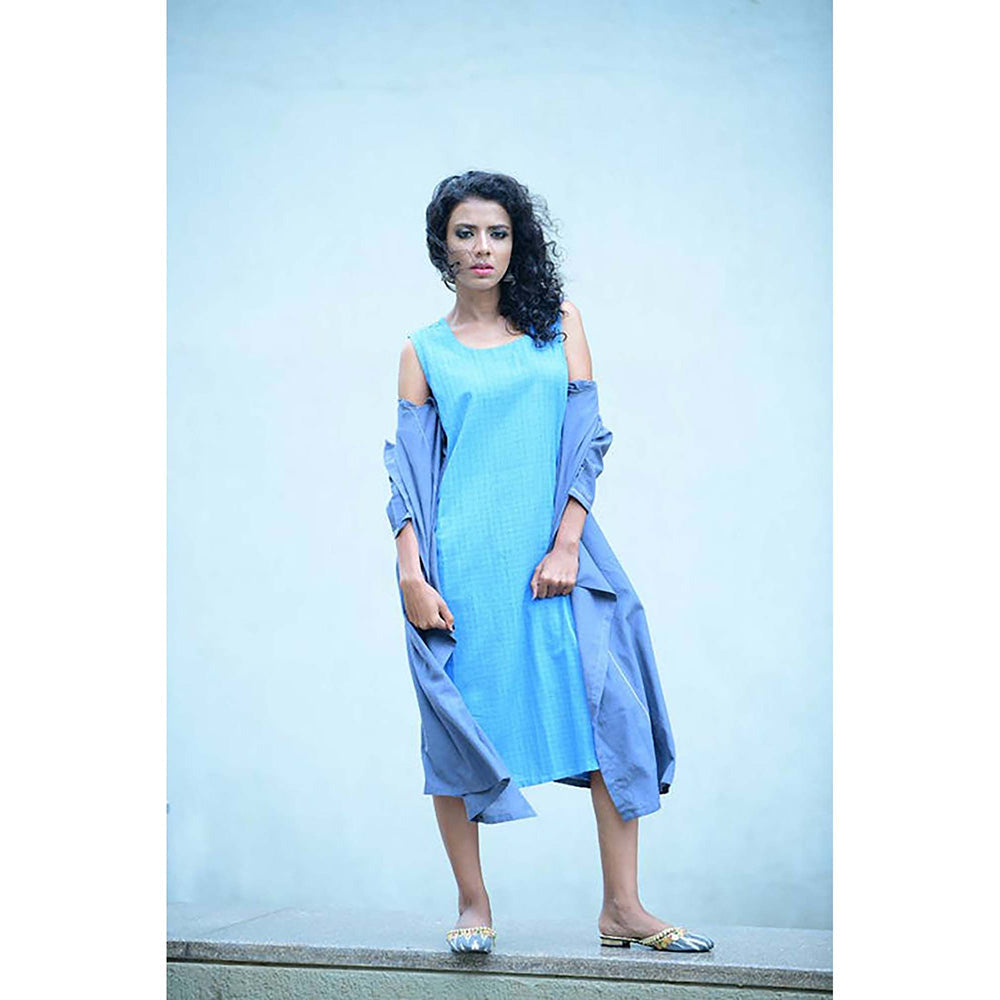 Taraasi Handloom Cotton Blue Self Checks Dress