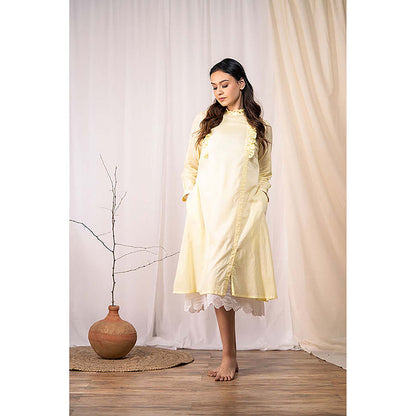 Taraasi Ocean Pearl' Pastel Yellow Mulmul Cotton Dress