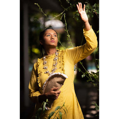 Taraasi Ocean Pearl' Mustard Mulmul Cotton Dress