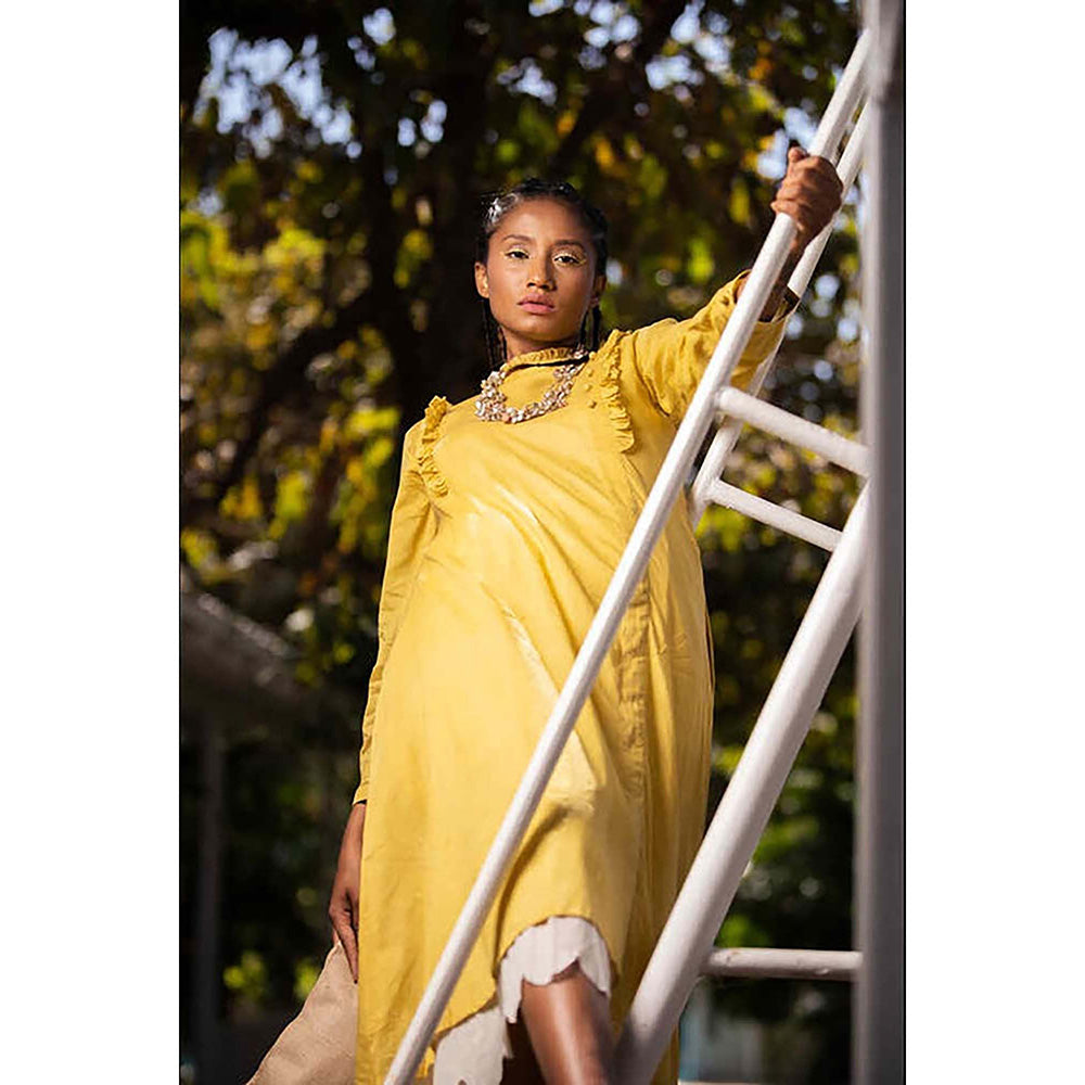 Taraasi Ocean Pearl' Mustard Mulmul Cotton Dress