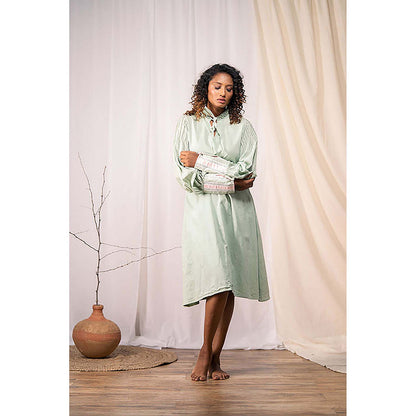 Taraasi Humming Bird' Sage Green Mulmul Cotton Dress