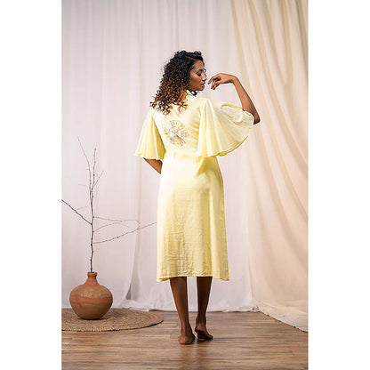Taraasi A Blooming Flower' Pastel Yellow Mulmul Cotton Dress