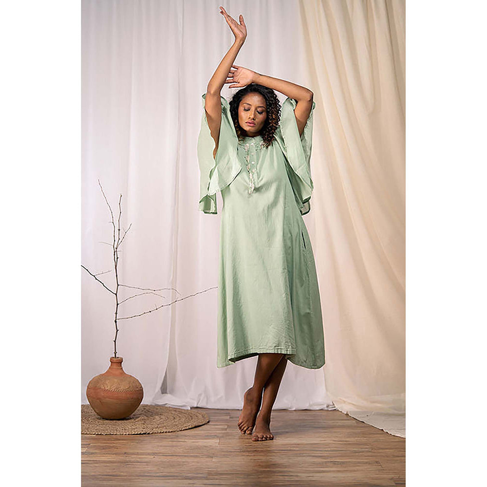 Taraasi A Blooming Flower' Sage Green Mulmul Cotton Dress