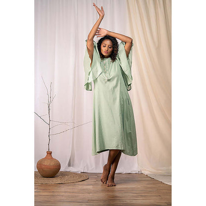 Taraasi A Blooming Flower' Sage Green Mulmul Cotton Dress