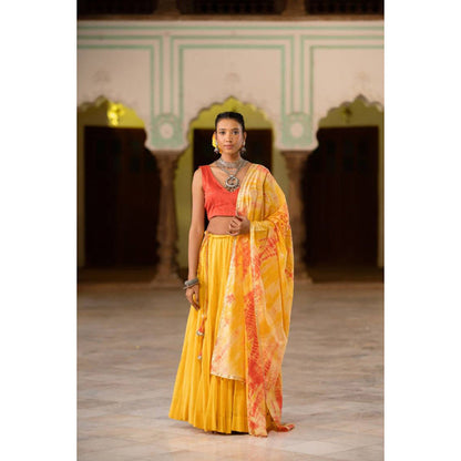 Taraasi ZOYA' Yellow and Coral Tie and Dye Mulmul Cotton Dupatta