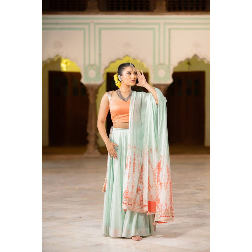 Taraasi Muntasir' Mint Green and Coral Tie and Dye Mulmul Cotton Dupatta