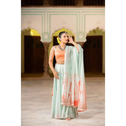 Taraasi Muntasir' Mint Green and Coral Tie and Dye Mulmul Cotton Dupatta