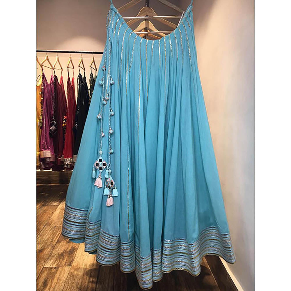 Taraasi Apsara Blue Mulmul Cotton Kalidar Ghaghara Skirt