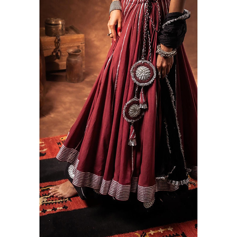 Taraasi Man Mohini Maroon Double Layered Mulmul Cotton Kalidar Ghaghara Skirt