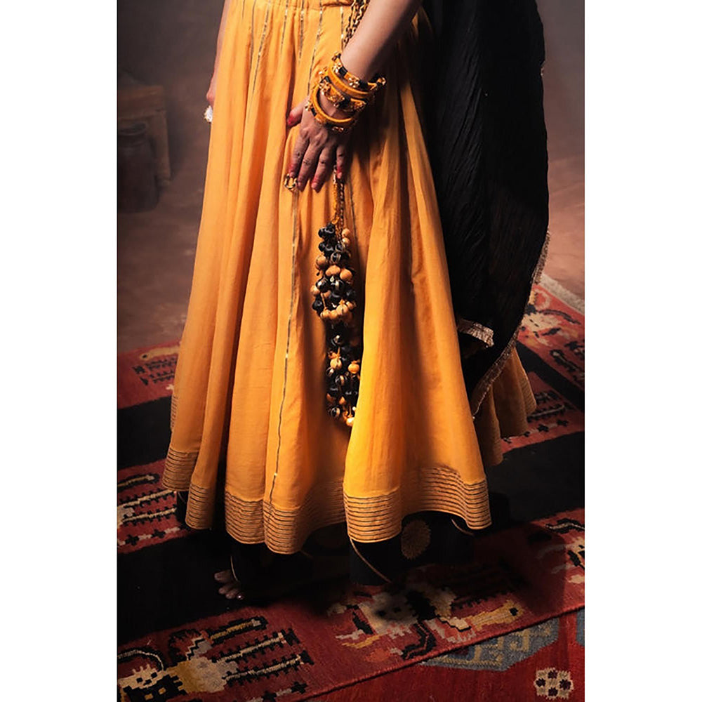 Taraasi Swarnika Mustard Double Layered Mulmul Cotton Ghaghara Skirt