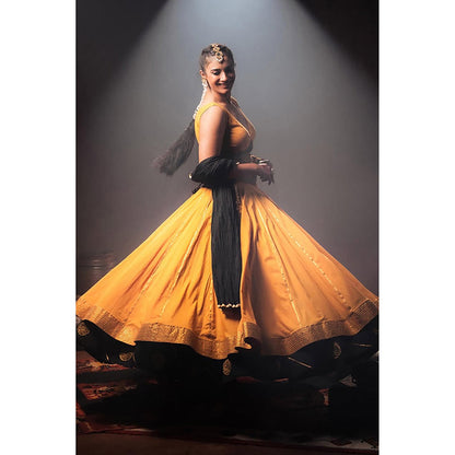 Taraasi Swarnika Mustard Double Layered Mulmul Cotton Ghaghara Skirt