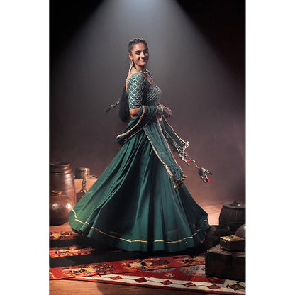 Taraasi Mandakini Green Mulmul Cotton Kalidar Ghaghara Skirt