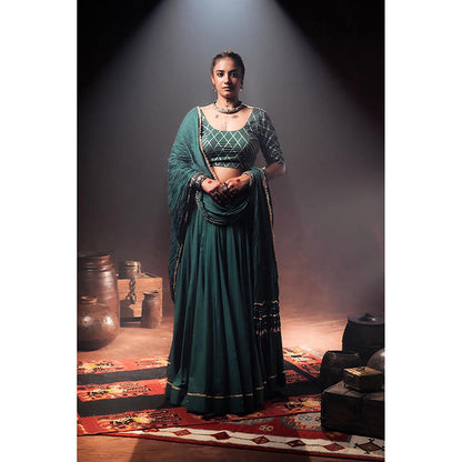 Taraasi Mandakini Green Mulmul Cotton Kalidar Ghaghara Skirt