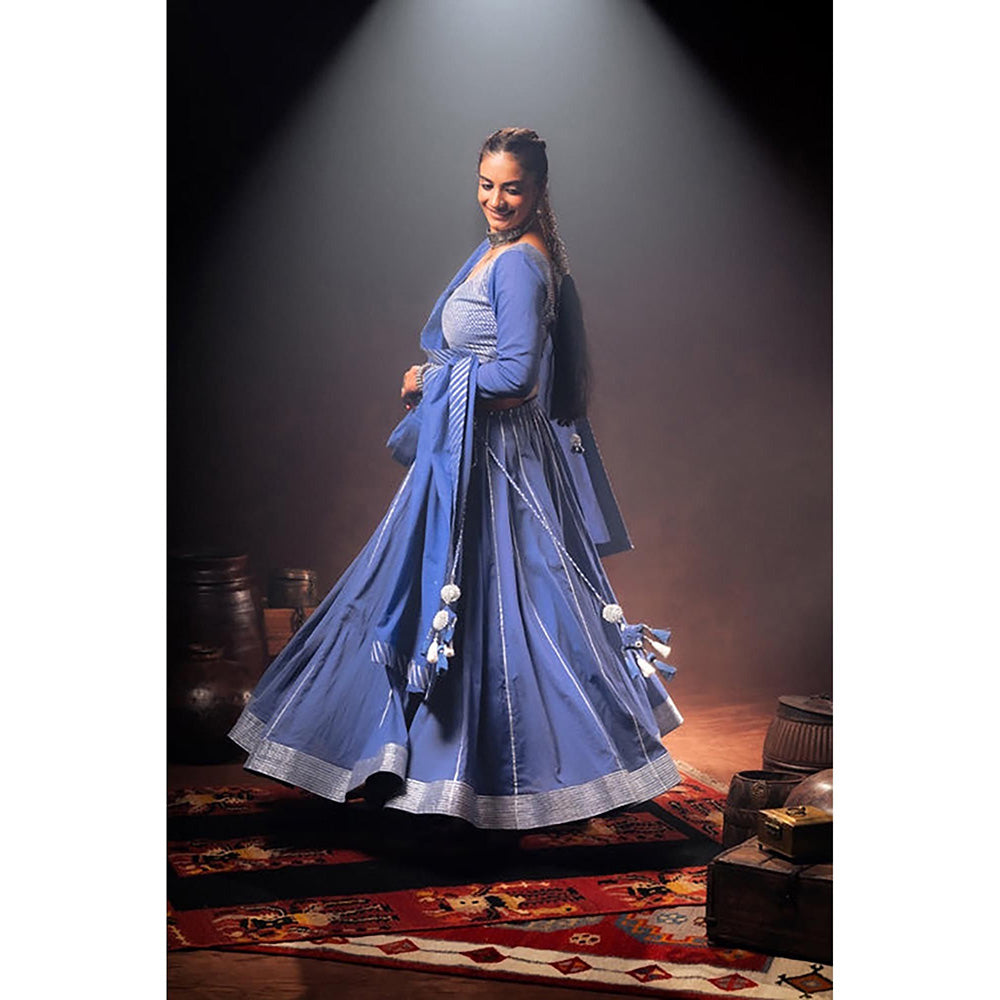 Taraasi Mayuri Blue Mulmul Cotton Kalidar Ghaghara Skirt