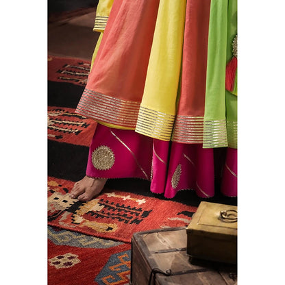 Taraasi Raseeli Multicolor Double Layered Mulmul Cotton Kalidar Ghaghara Skirt