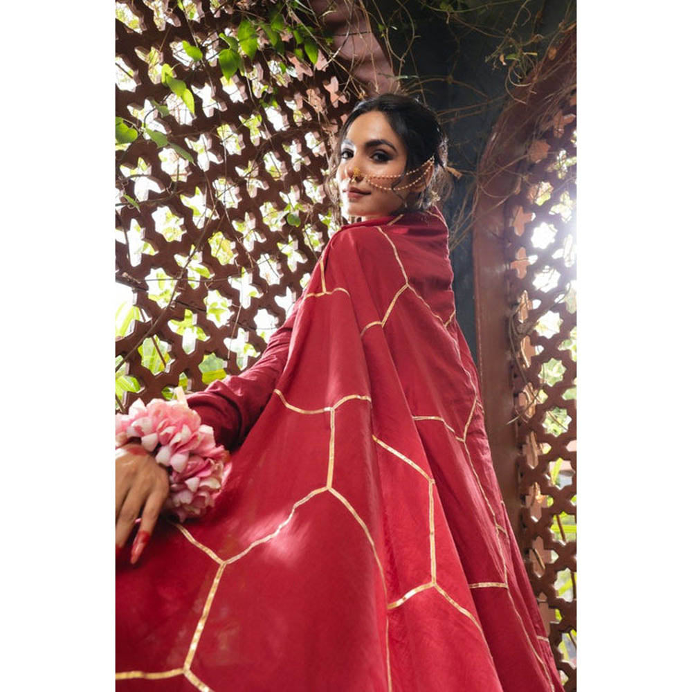 Taraasi Gulabjal' Maroon Mulmul Cotton Anarkali