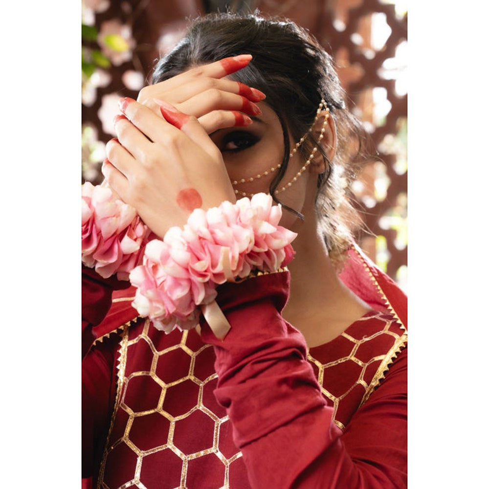 Taraasi Gulabjal' Maroon Mulmul Cotton Anarkali