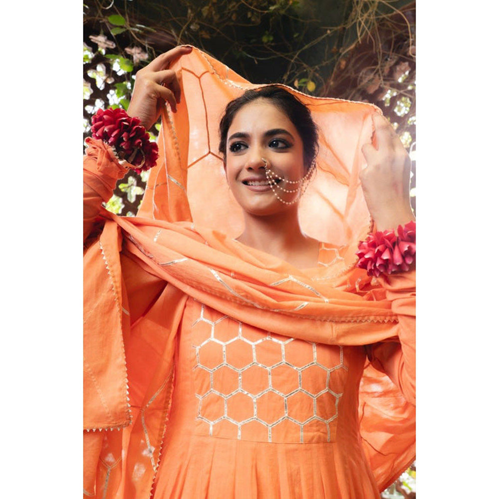 Taraasi Kesari' Orange Mulmul Cotton Anarkali