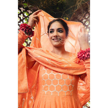Taraasi Kesari' Orange Mulmul Cotton Anarkali