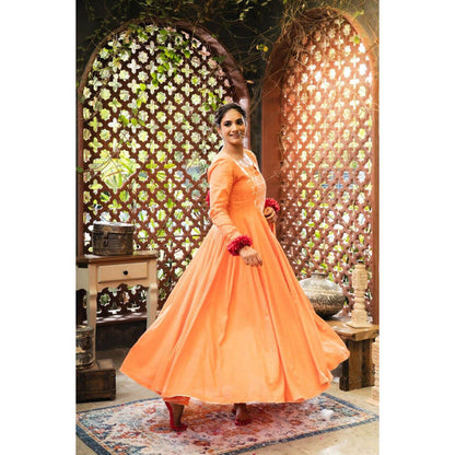 Taraasi Kesari' Orange Mulmul Cotton Anarkali
