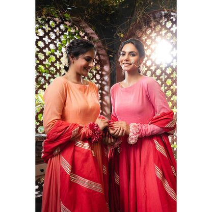 Taraasi Dilruba' Pink and Maroon Ombre Mulmul Cotton Anarkali