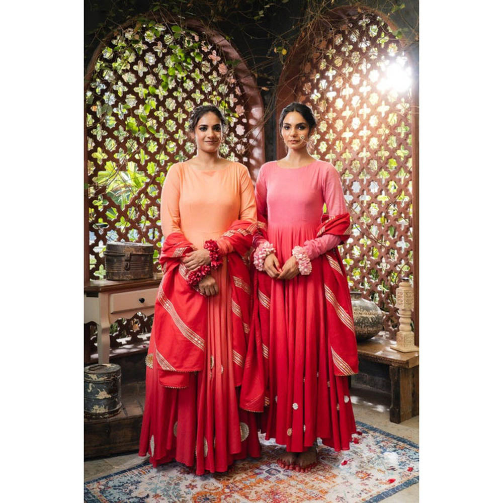 Taraasi Dilruba' Pink and Maroon Ombre Mulmul Cotton Anarkali