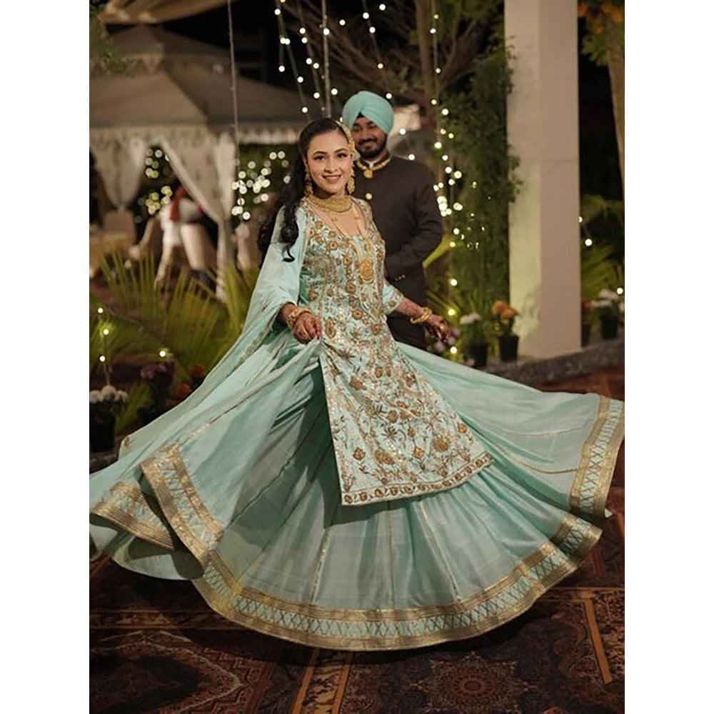 Taraasi Shabnam-E-Neel' Blue Handloom Chanderi Silk Kalidar Ghaghara Skirt