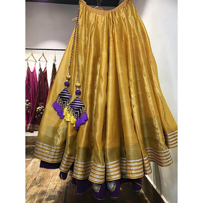 Taraasi Rang-E-Arzoo' Yellow and Purple Handloom Chanderi Silk Kalidar Ghaghara Skirt