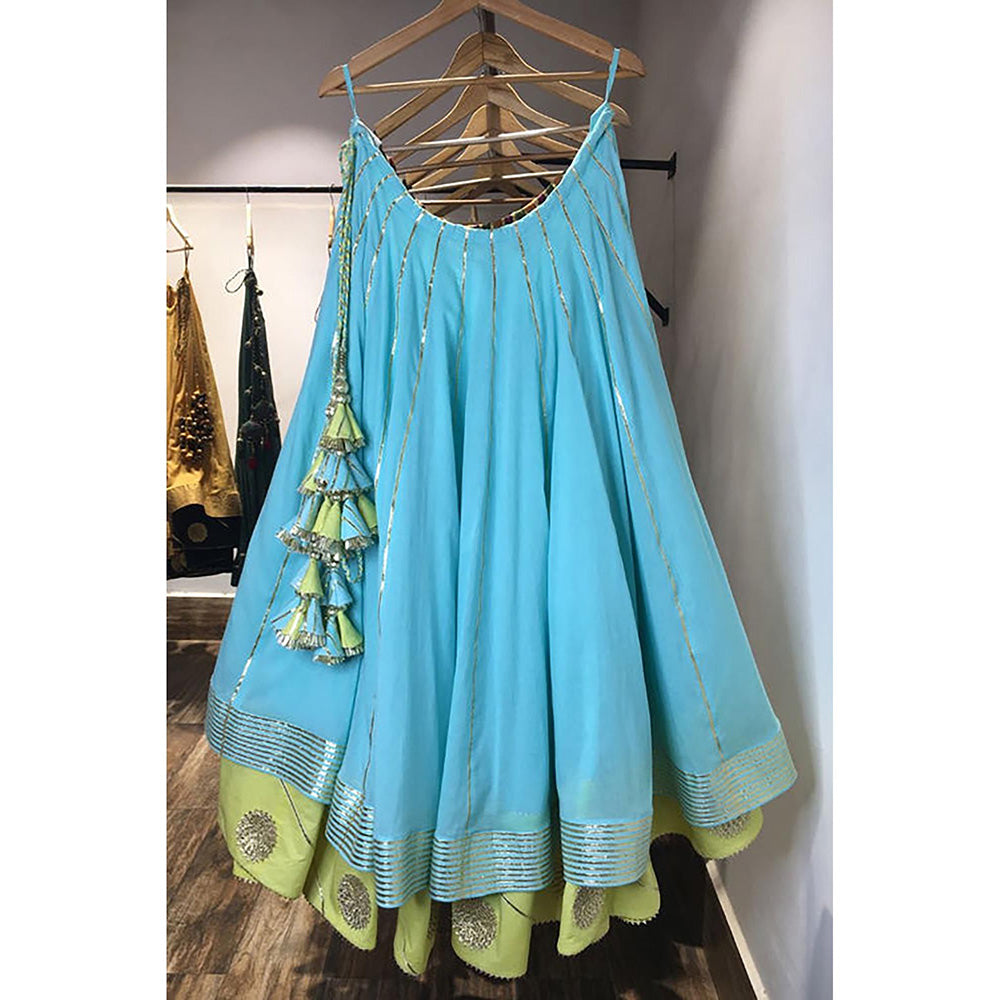 Taraasi Hayat' Blue Mulmul Cotton Kalidar Ghaghara Skirt