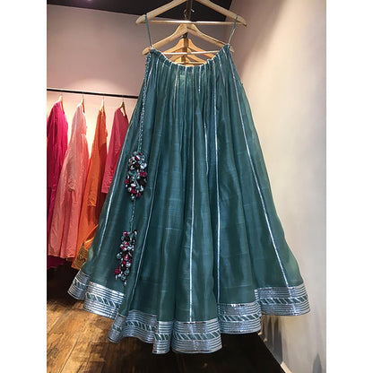 Taraasi Mehru' Teal Blue Handloom Chanderi Silk Kalidar Ghaghara Skirt