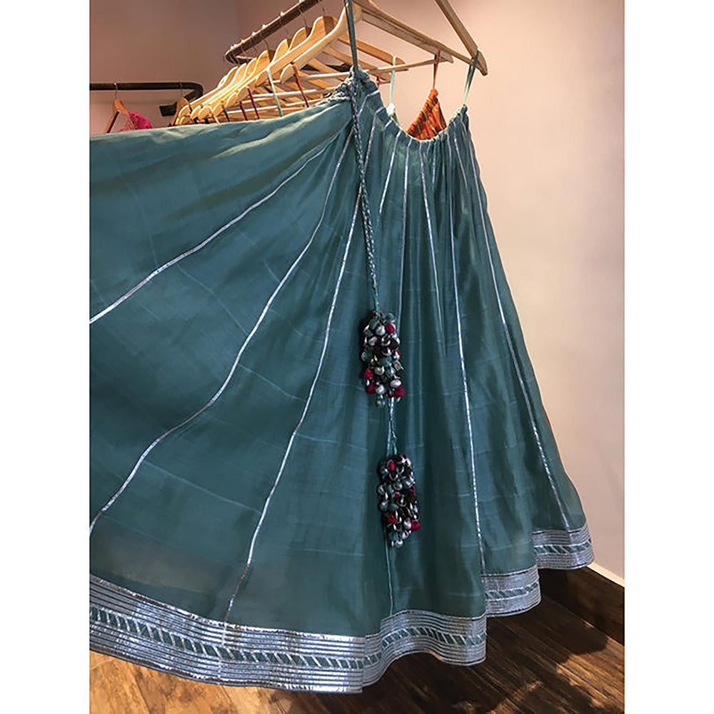 Taraasi Mehru' Teal Blue Handloom Chanderi Silk Kalidar Ghaghara Skirt