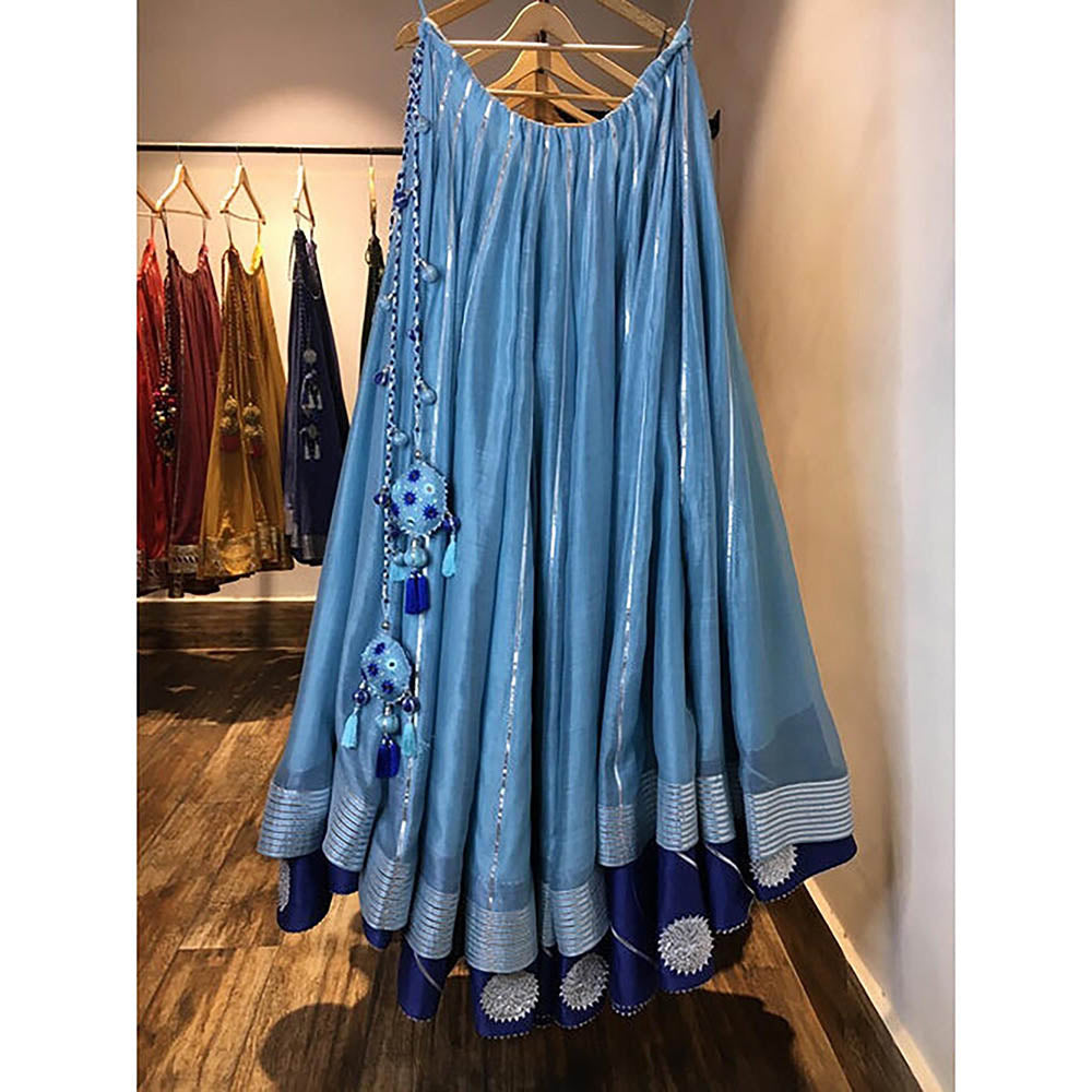 Taraasi Dariya' Blue Handloom Chanderi Silk Kalidar Ghaghara Skirt