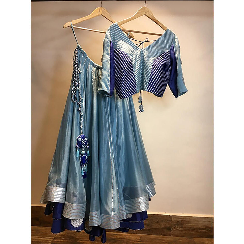 Taraasi Dariya' Blue Handloom Chanderi Silk Kalidar Ghaghara Skirt