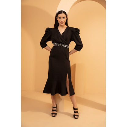 Tarini Vij Anne Black Midi Dress with Pearl Belt (Set of 2)