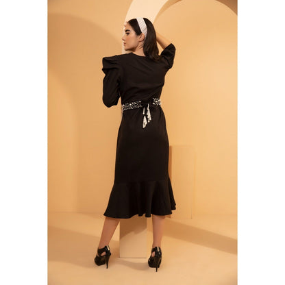 Tarini Vij Anne Black Midi Dress with Pearl Belt (Set of 2)