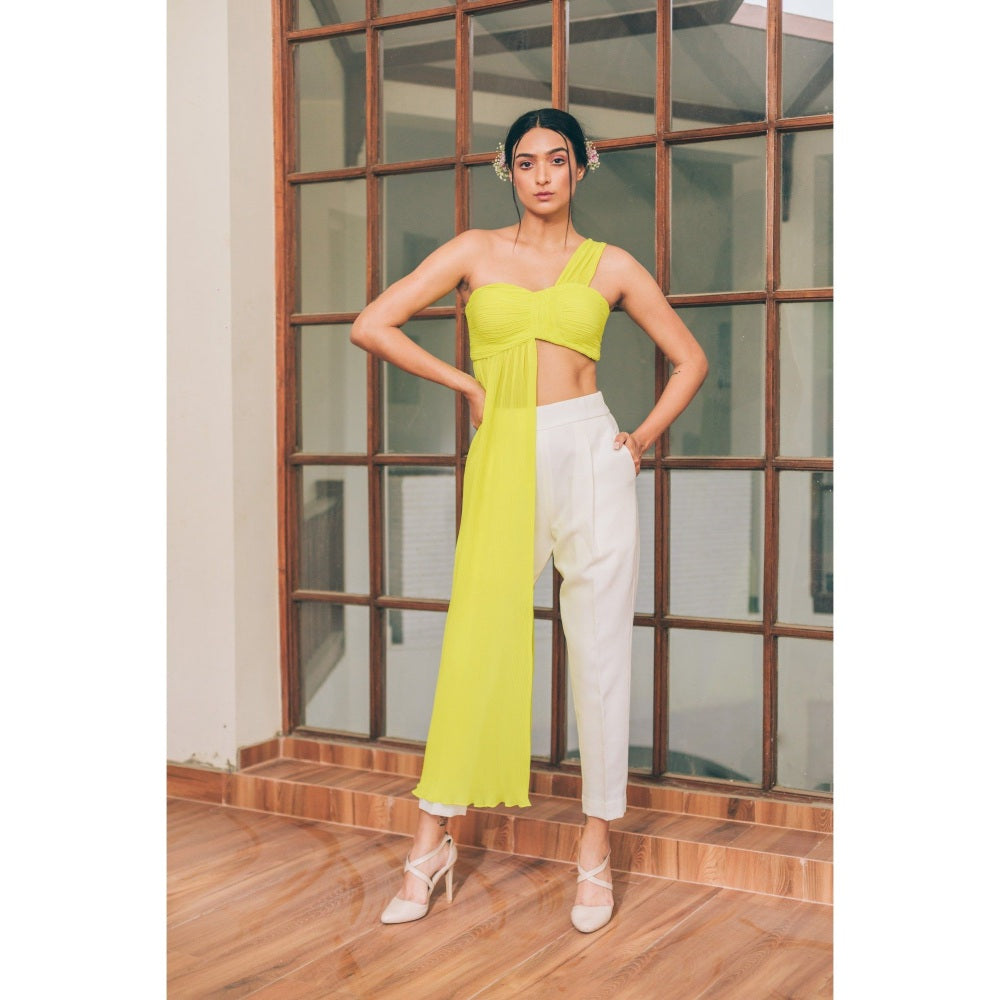 Tarini Vij Ashley One-Shoulder Pleated Neon Yellow Crop Top