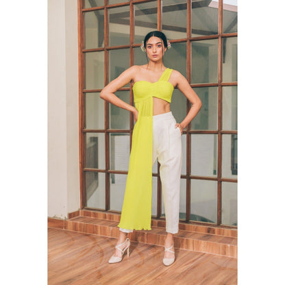Tarini Vij Ashley One-Shoulder Pleated Neon Yellow Crop Top