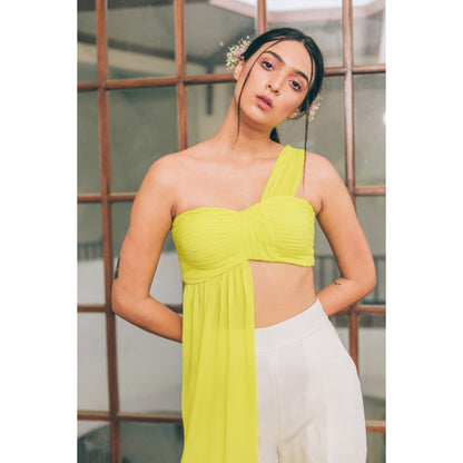 Tarini Vij Ashley One-Shoulder Pleated Neon Yellow Crop Top