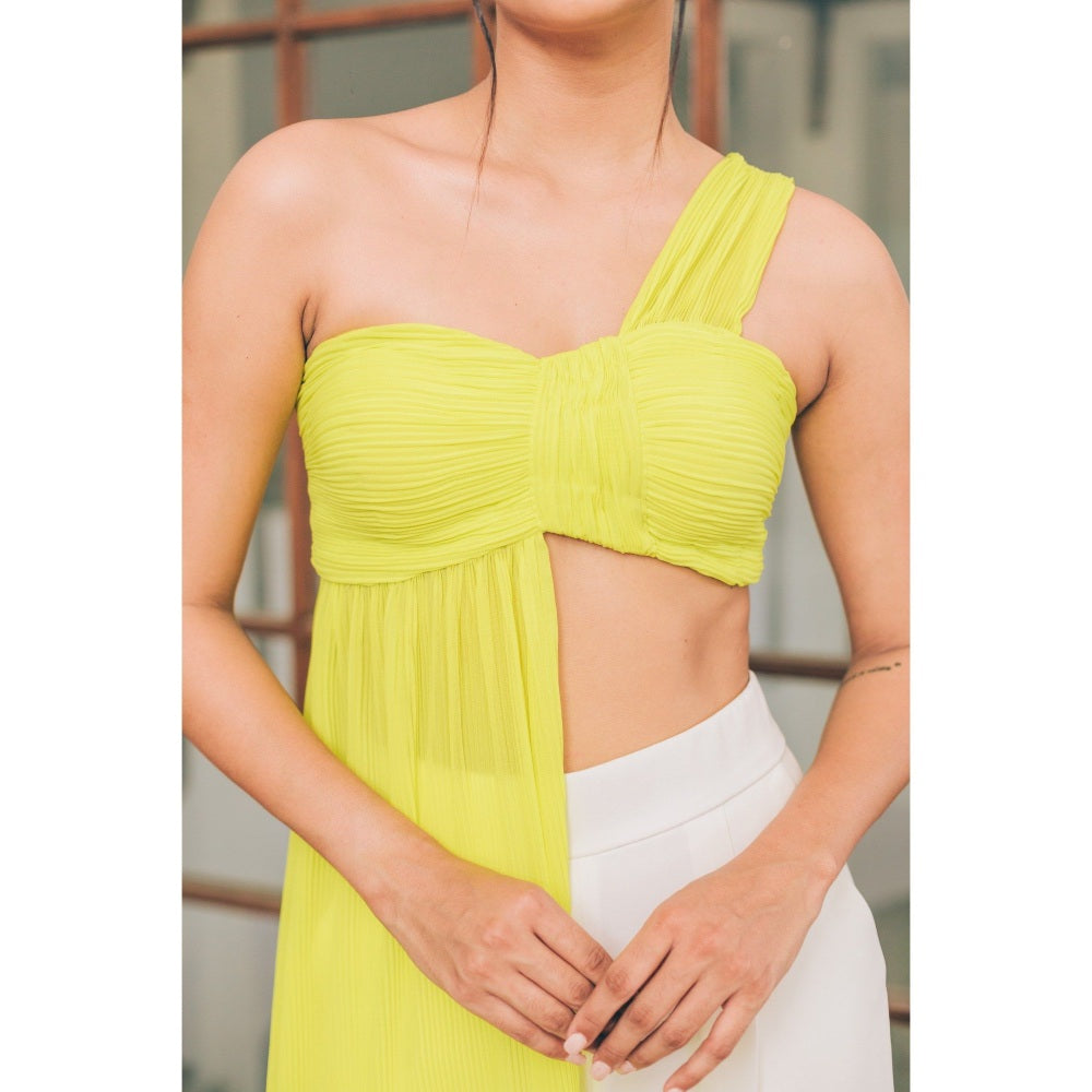 Tarini Vij Ashley One-Shoulder Pleated Neon Yellow Crop Top