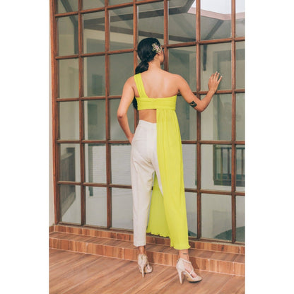 Tarini Vij Ashley One-Shoulder Pleated Neon Yellow Crop Top