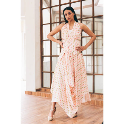 Tarini Vij Eleanor White Printed Maxi Dress with Inner & Belt (Set of 3)